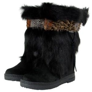 BEARPAW Boots Black Kola II - Exotic Calf Skin - Goat Fur - Wool Lined - Sz 8